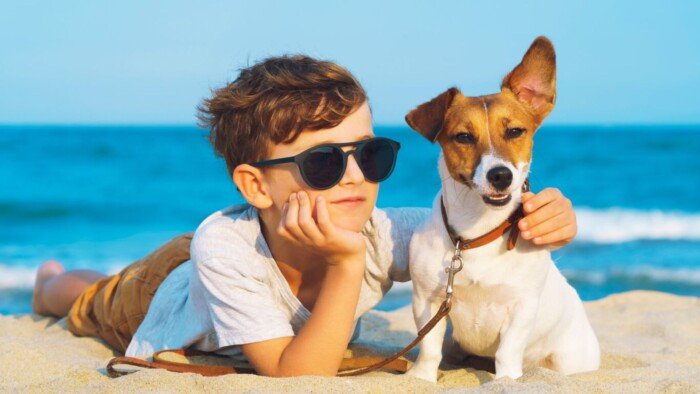 A Young Boy with a Puppy on the Beach